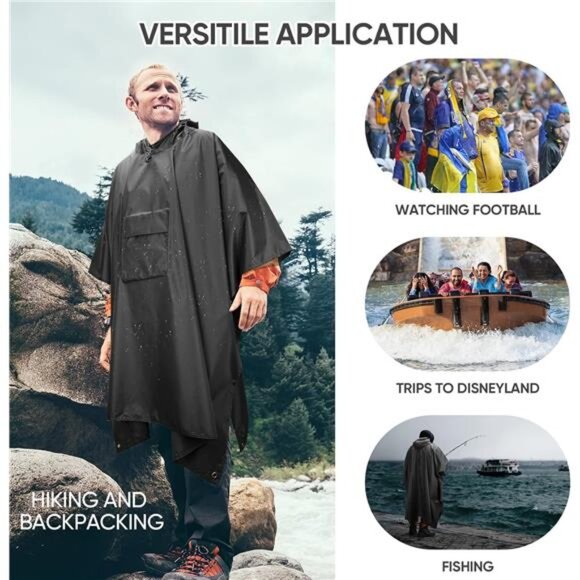 Hooded Rain Poncho for Adult with Pocket, Waterproof Lightweight Unisex Raincoat - Picture 5 of 7